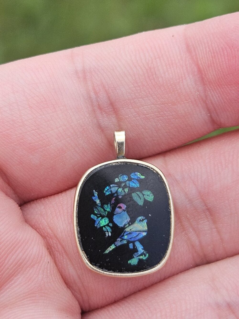 14K Yellow Gold Opal Mosaic Bird Framed Pendant Charm 16x14mm